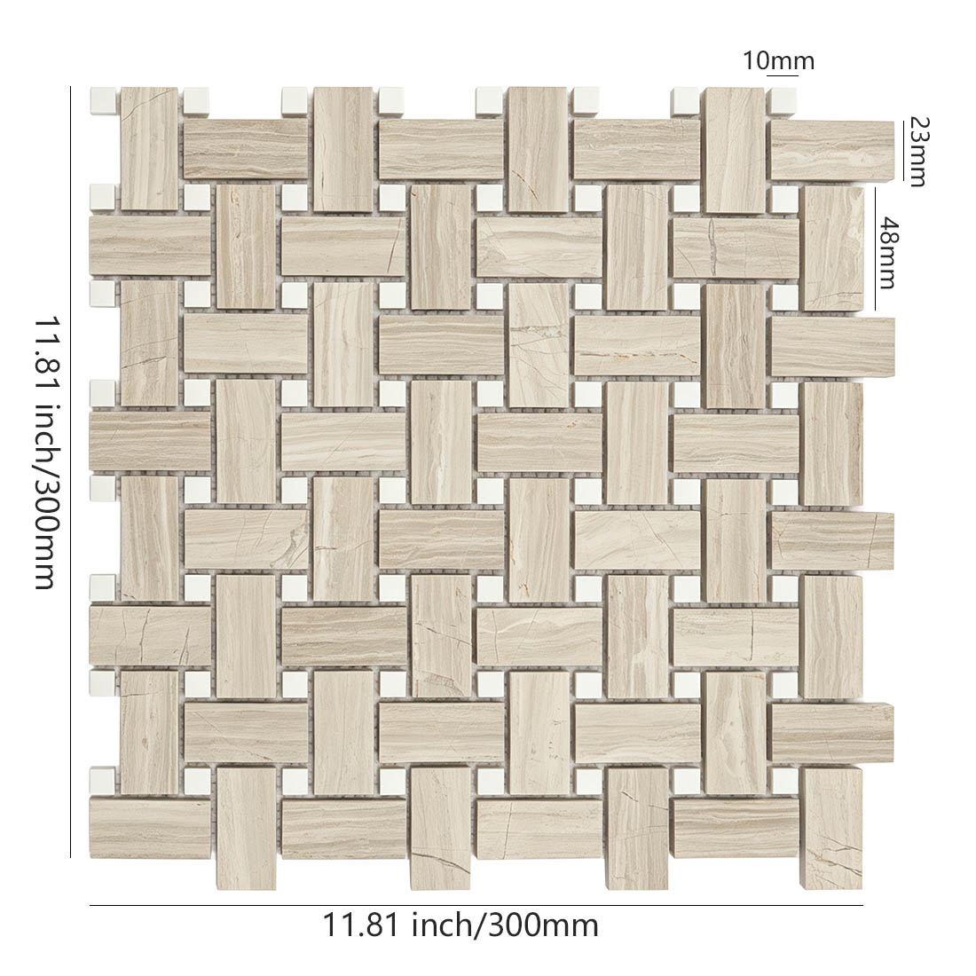 Ivory greige marble basketweave mosaic tile sheet with white square accents