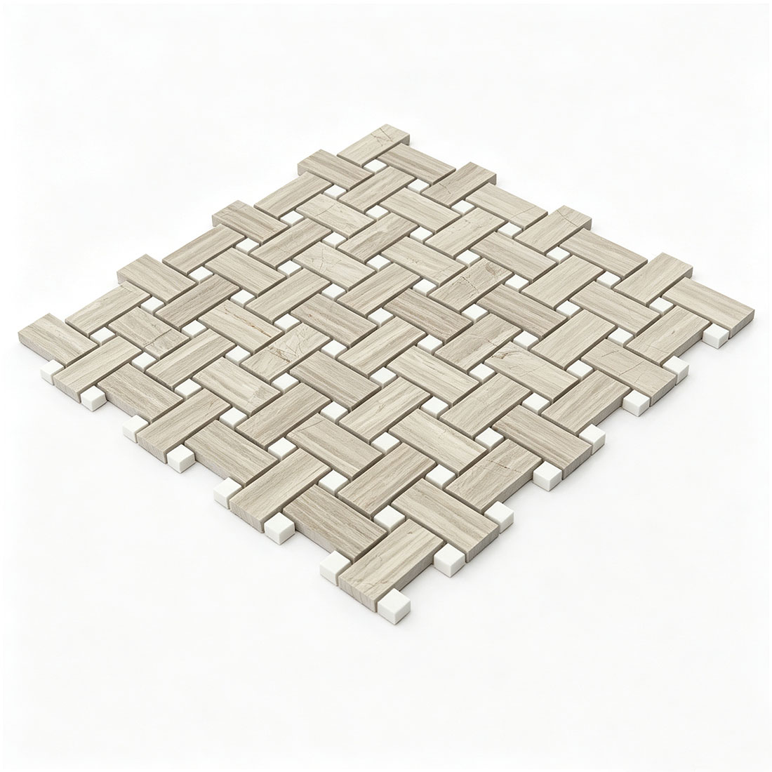 Full sheet of ivory greige marble basketweave mosaic tile on white background