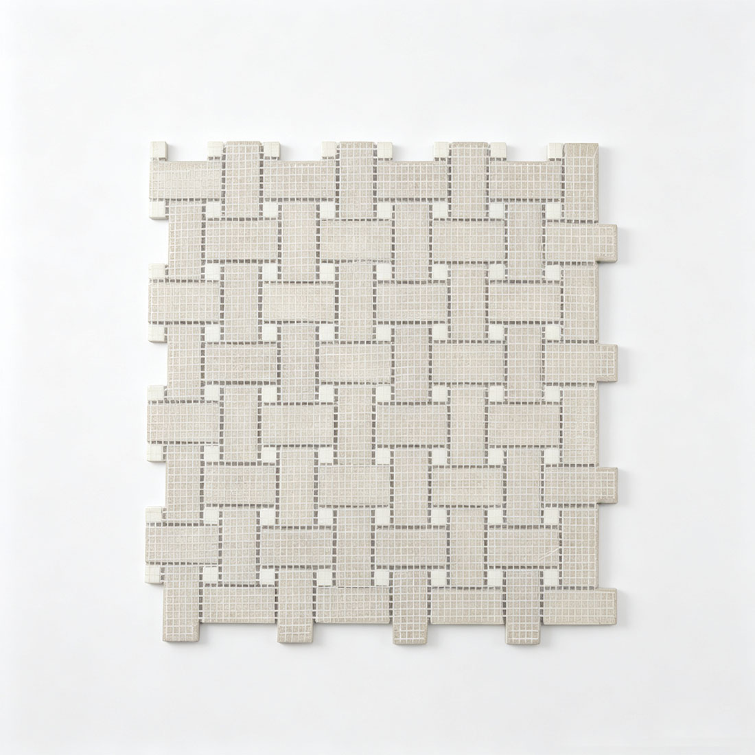 Back view of ivory greige marble basketweave mosaic tile with mesh backing