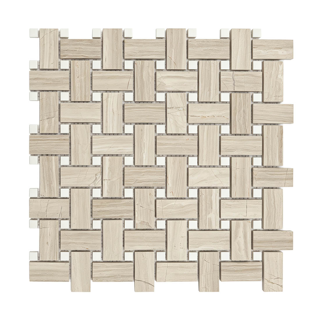 Ivory greige marble basketweave mosaic tile sheet with white square stone accents