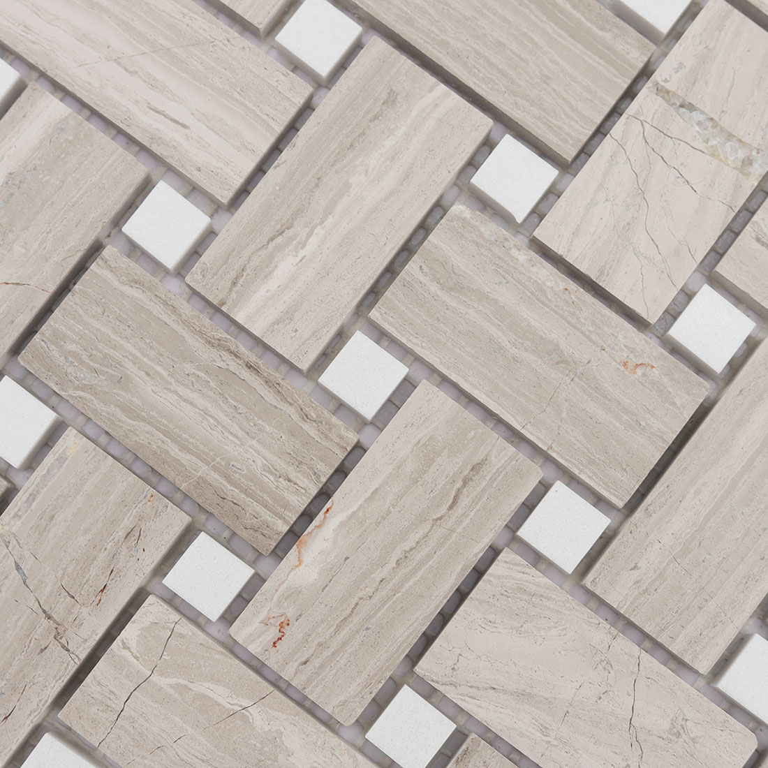 Ivory greige marble basketweave mosaic tile surface detail with natural veining