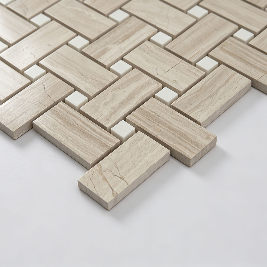 Textured ivory greige marble basketweave mosaic tile with white square inserts