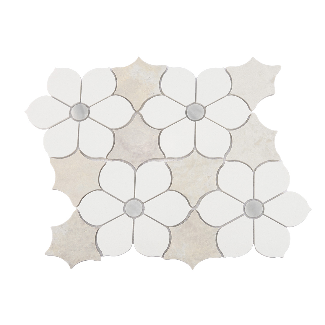 Front view of ivory six petal floral marble mosaic tile with beige accents