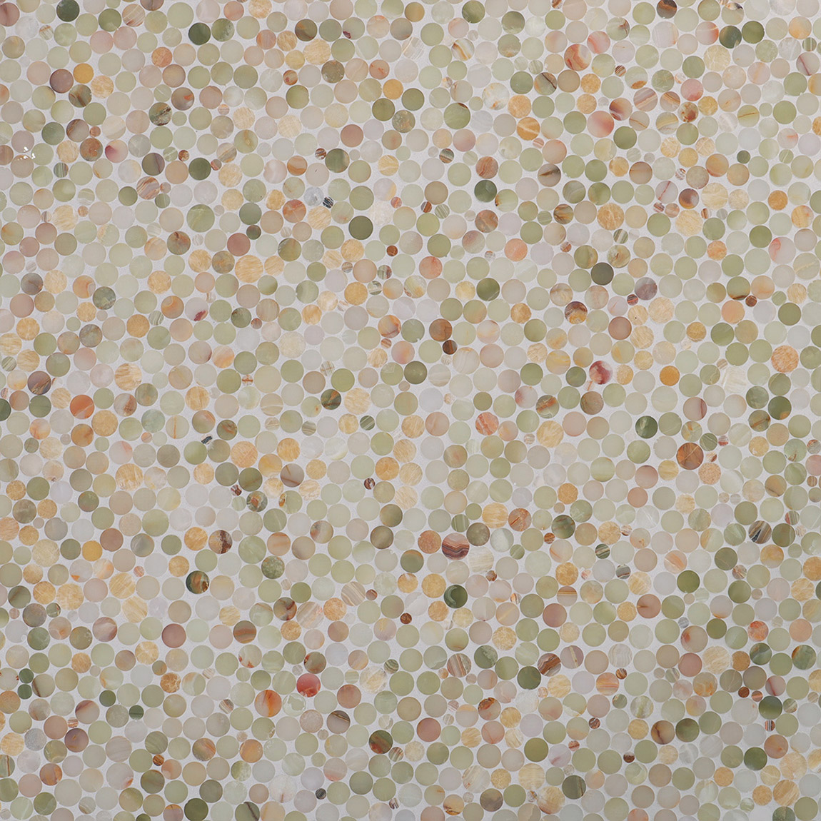 Large area installation view of natural onyx penny round tile wall