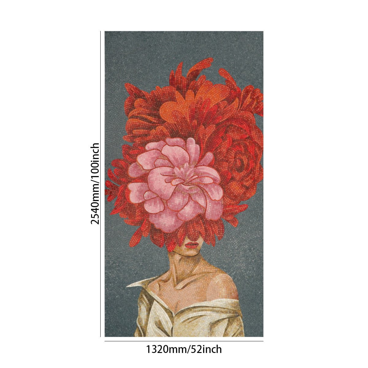 Full view of large floral mosaic wall art with size dimensions shown.