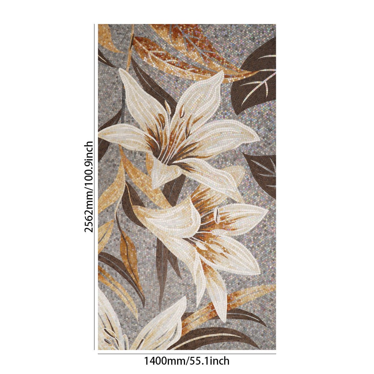 Golden Lily Mosaic Mural – Handmade Floral Wall Art with Iridescent Water Glass Tiles-Woos Tiles