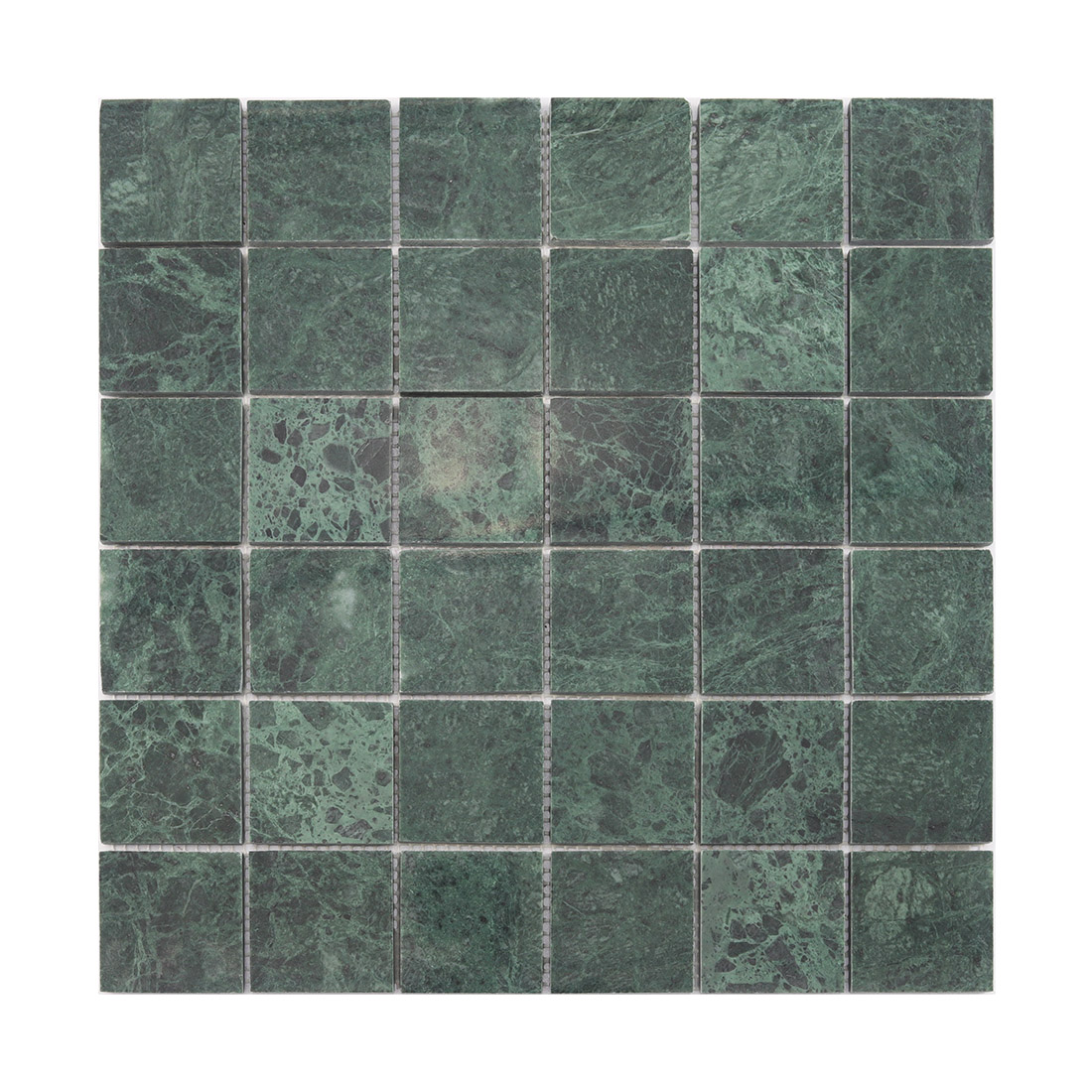 Front view of large green square marble mosaic tile with natural veining