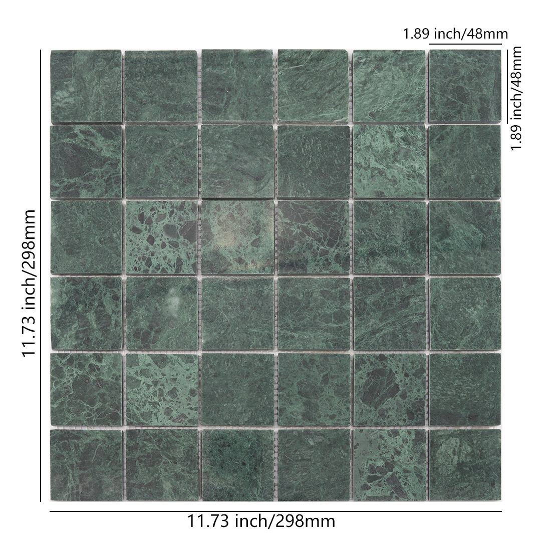 Large green square marble mosaic tile with 48mm chips and size details