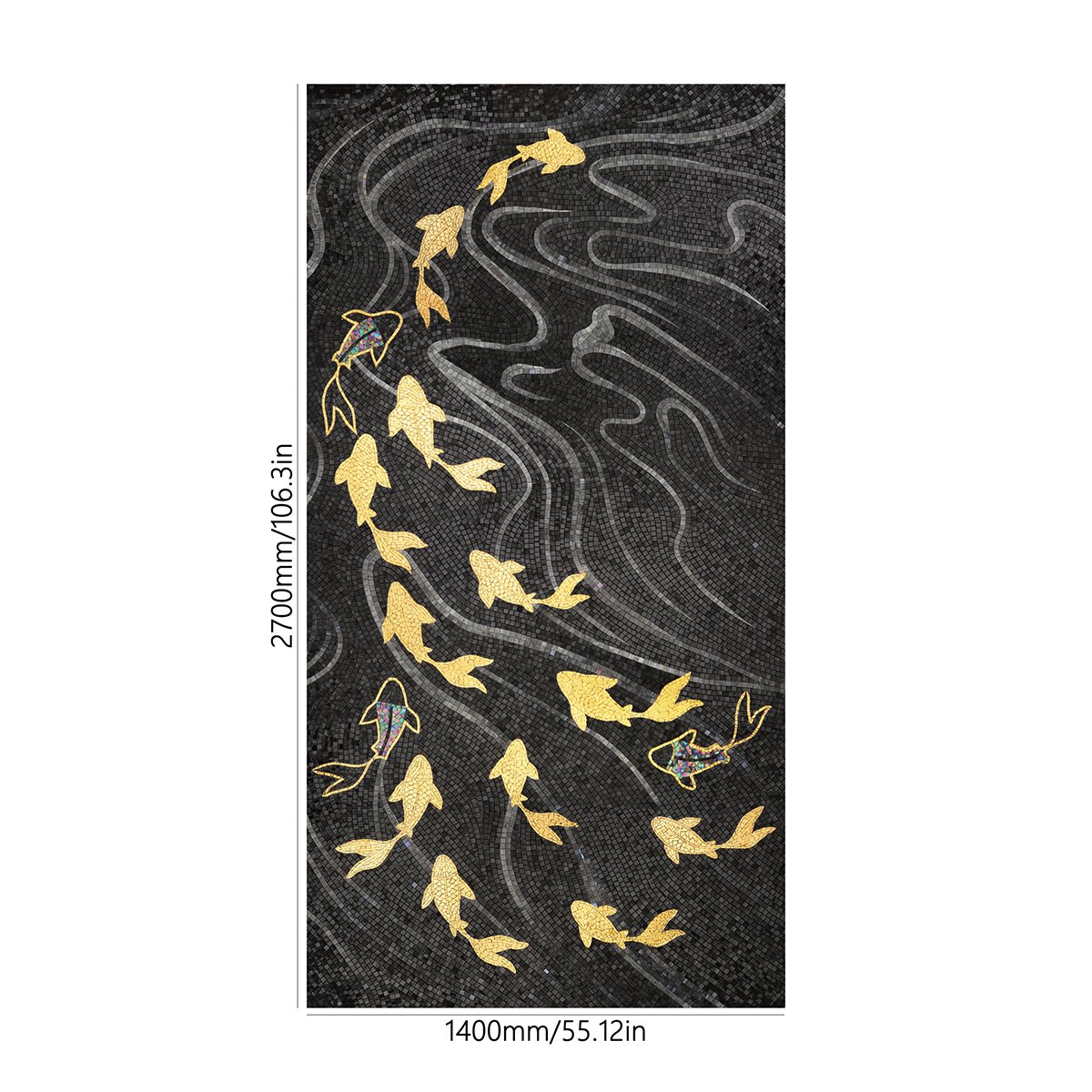 Full view of large koi mosaic wall panel with size dimensions labeled