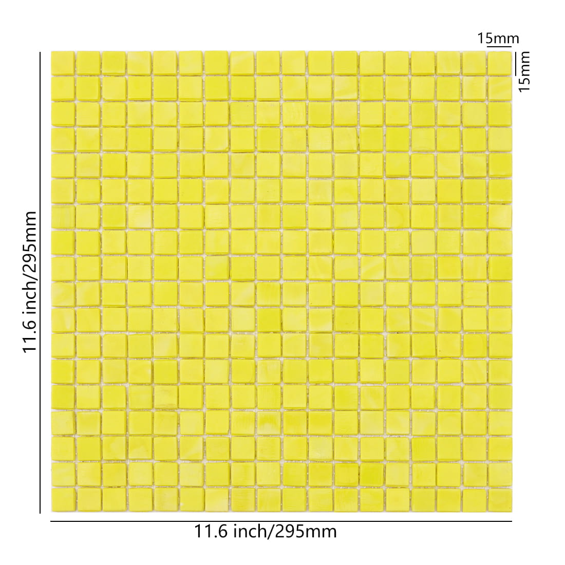 Lemon yellow square mosaic tile sheet 11.6 inch with 15mm individual glass tiles.