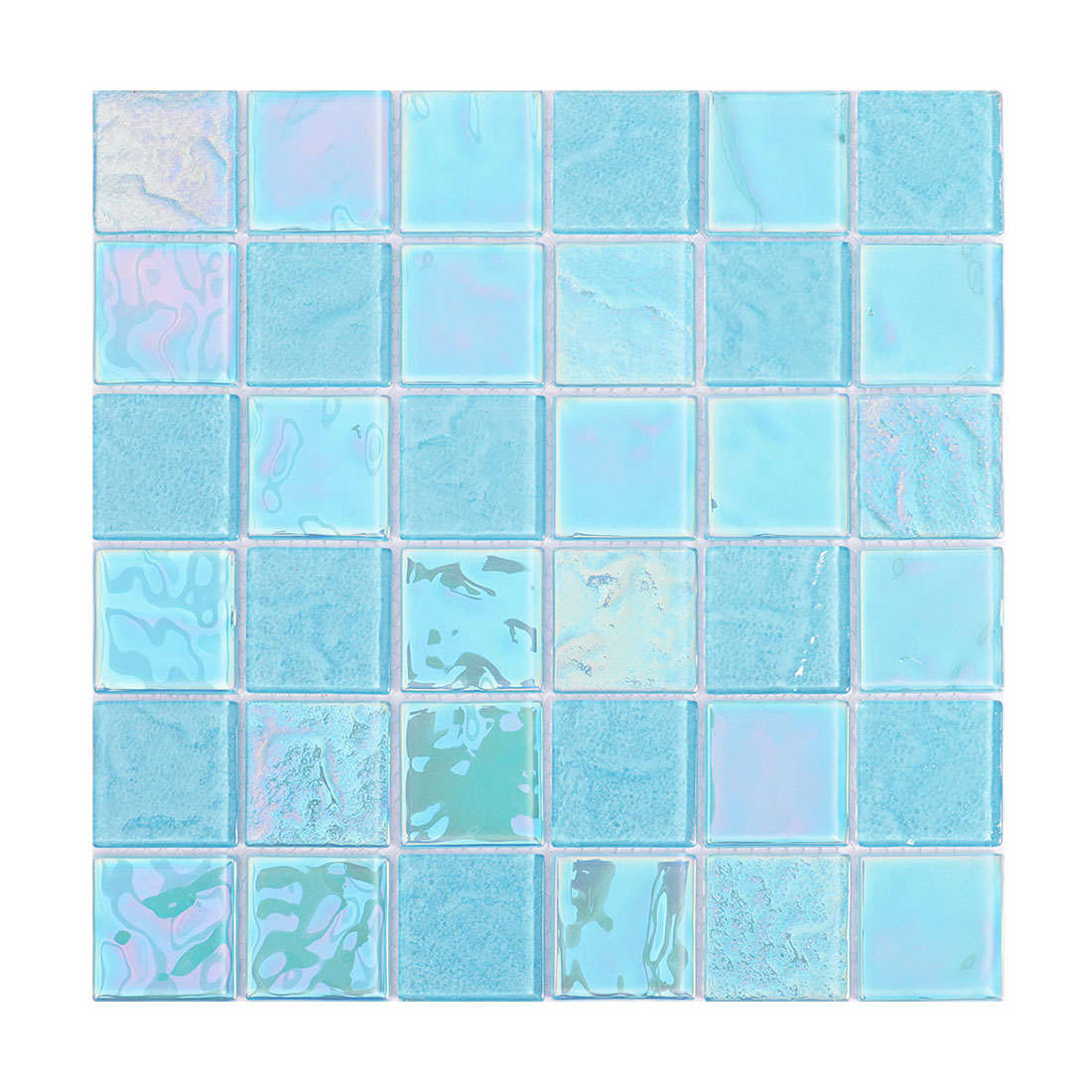 Light blue iridescent square glass mosaic tile with mixed glossy textures