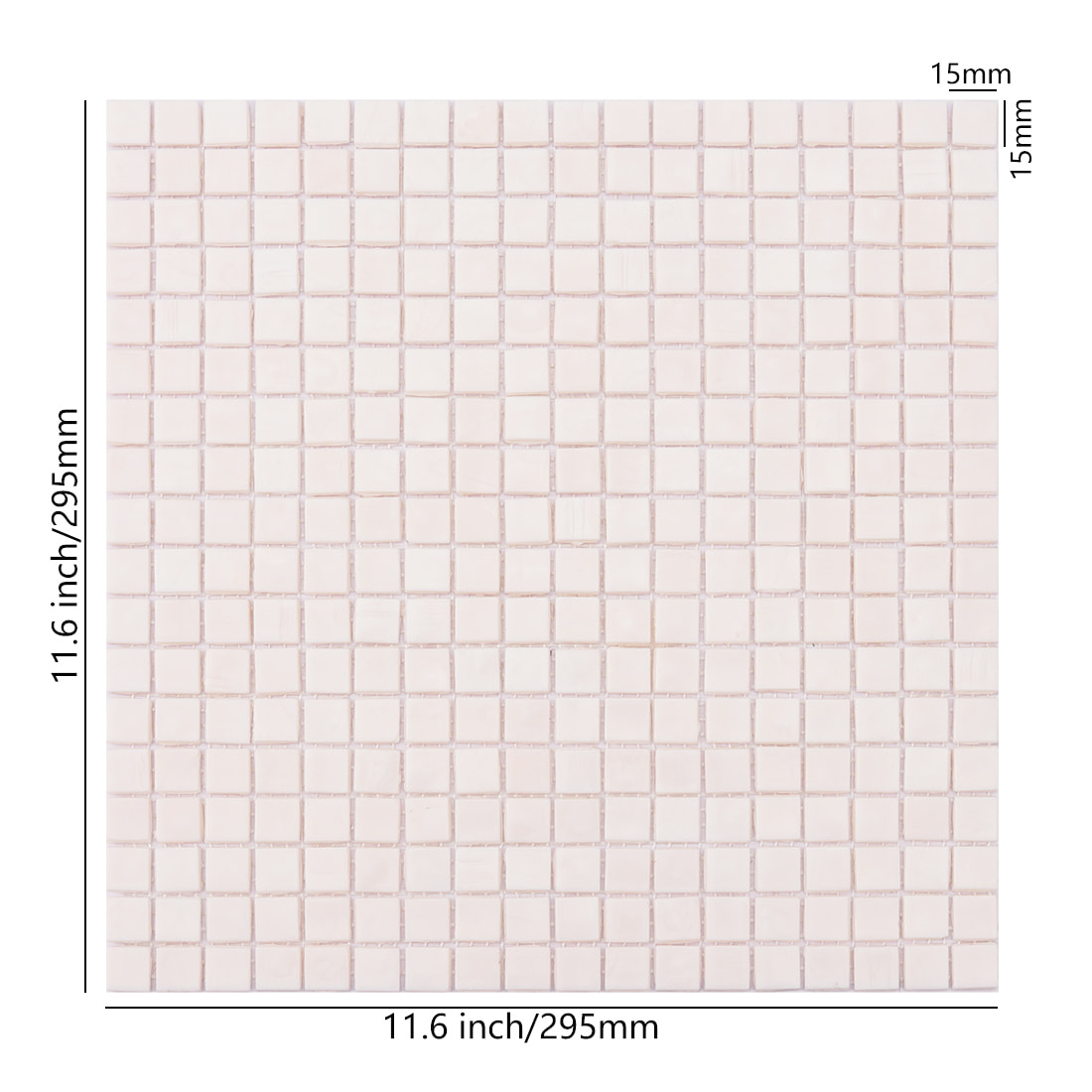 Very light blush pink square glass mosaic sheet with size details