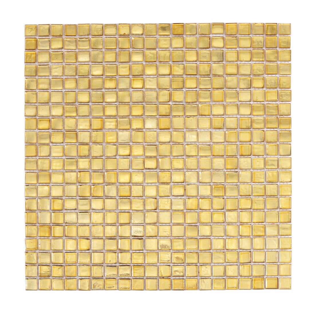 Full sheet of light gold square glass mosaic tile on a light background