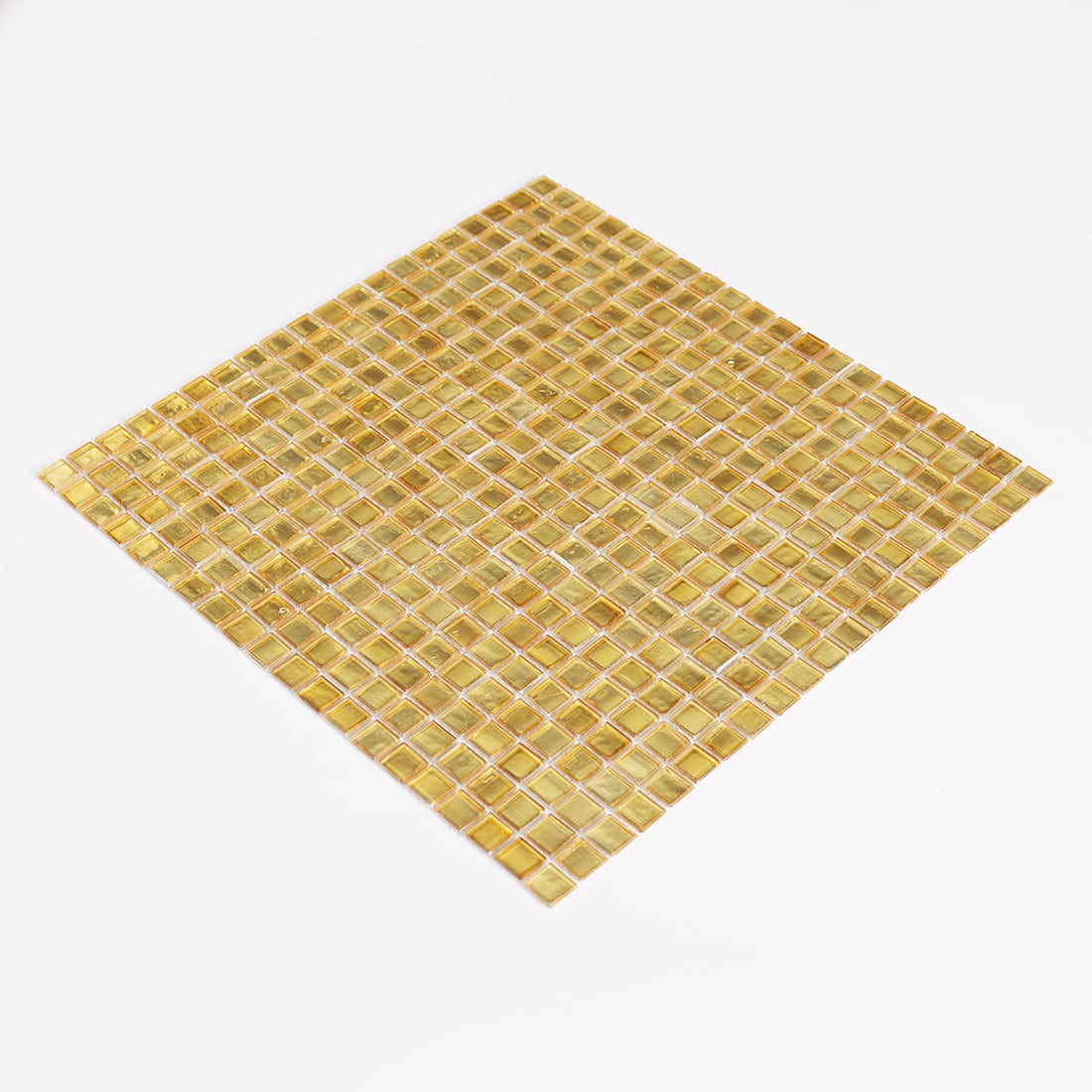 Perspective view of light gold square glass mosaic tile sheet