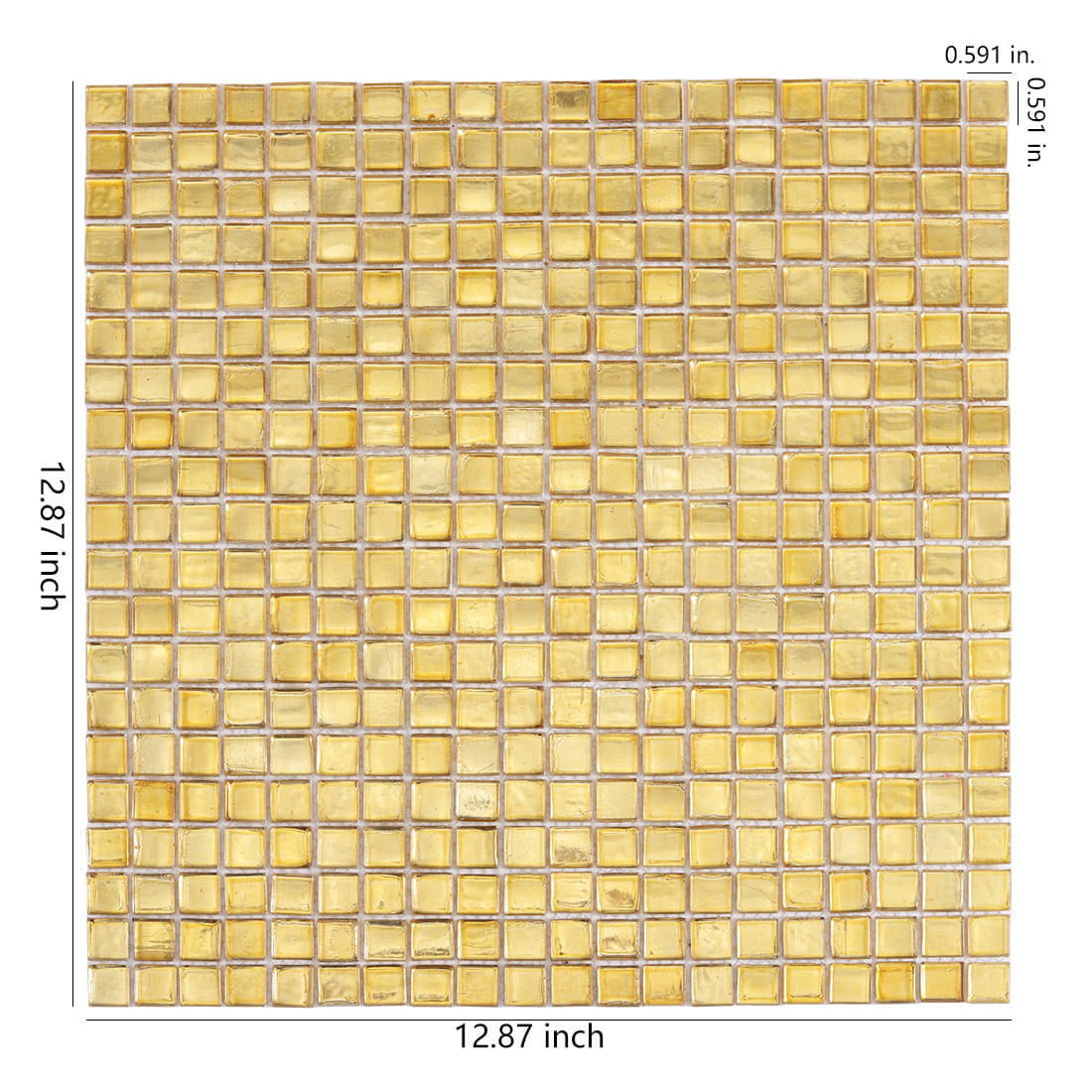 Light gold square glass mosaic tile sheet with size details