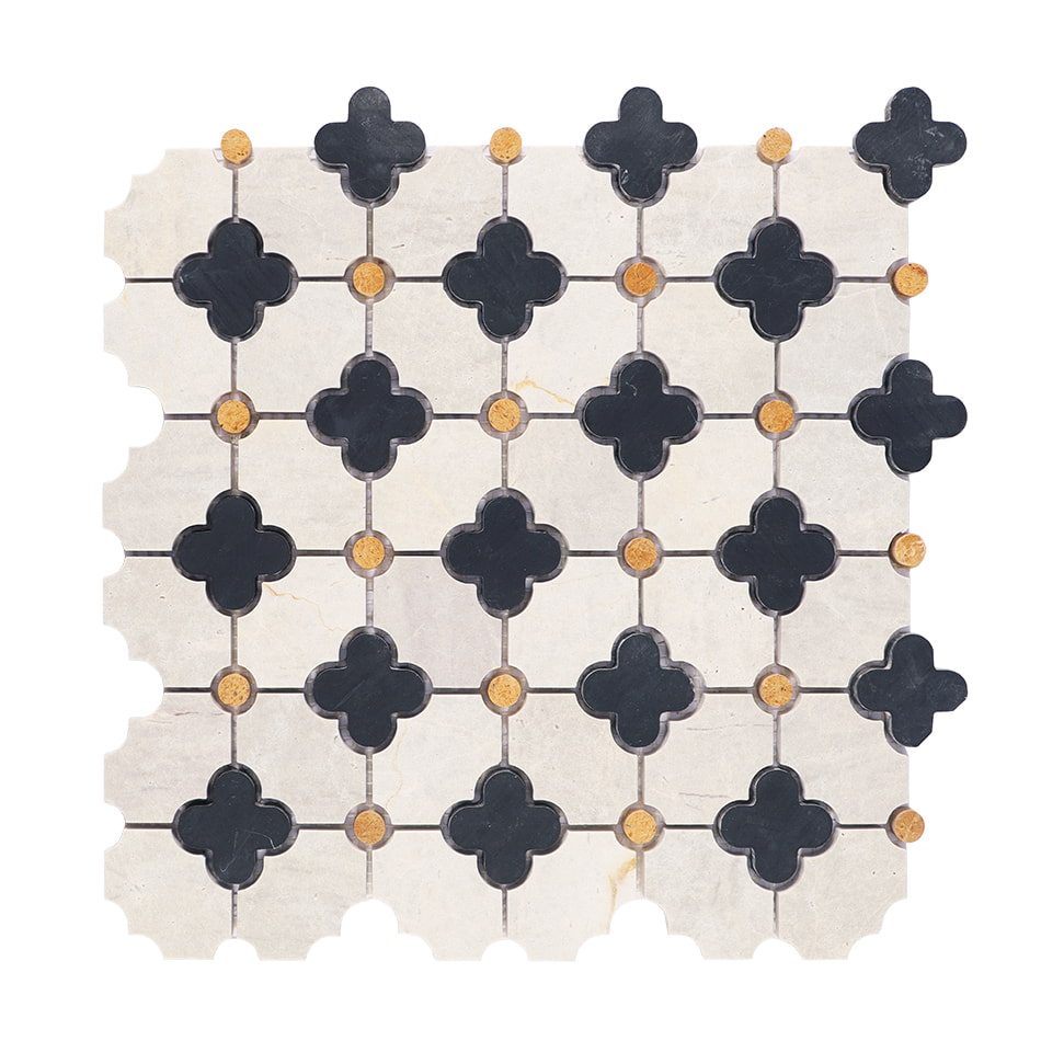 Full sheet of light gray marble mosaic with black quatrefoil insets and yellow dots