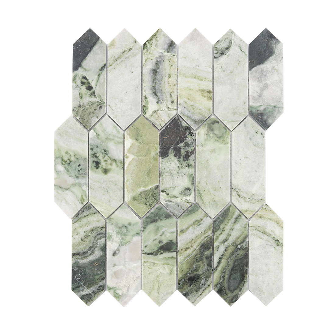 Front view of light green elongated hexagon marble tile sheet