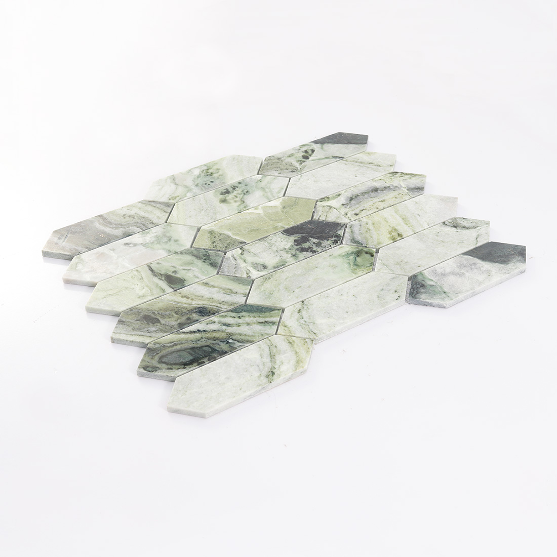 Low angle view of light green elongated marble mosaic tile sheet