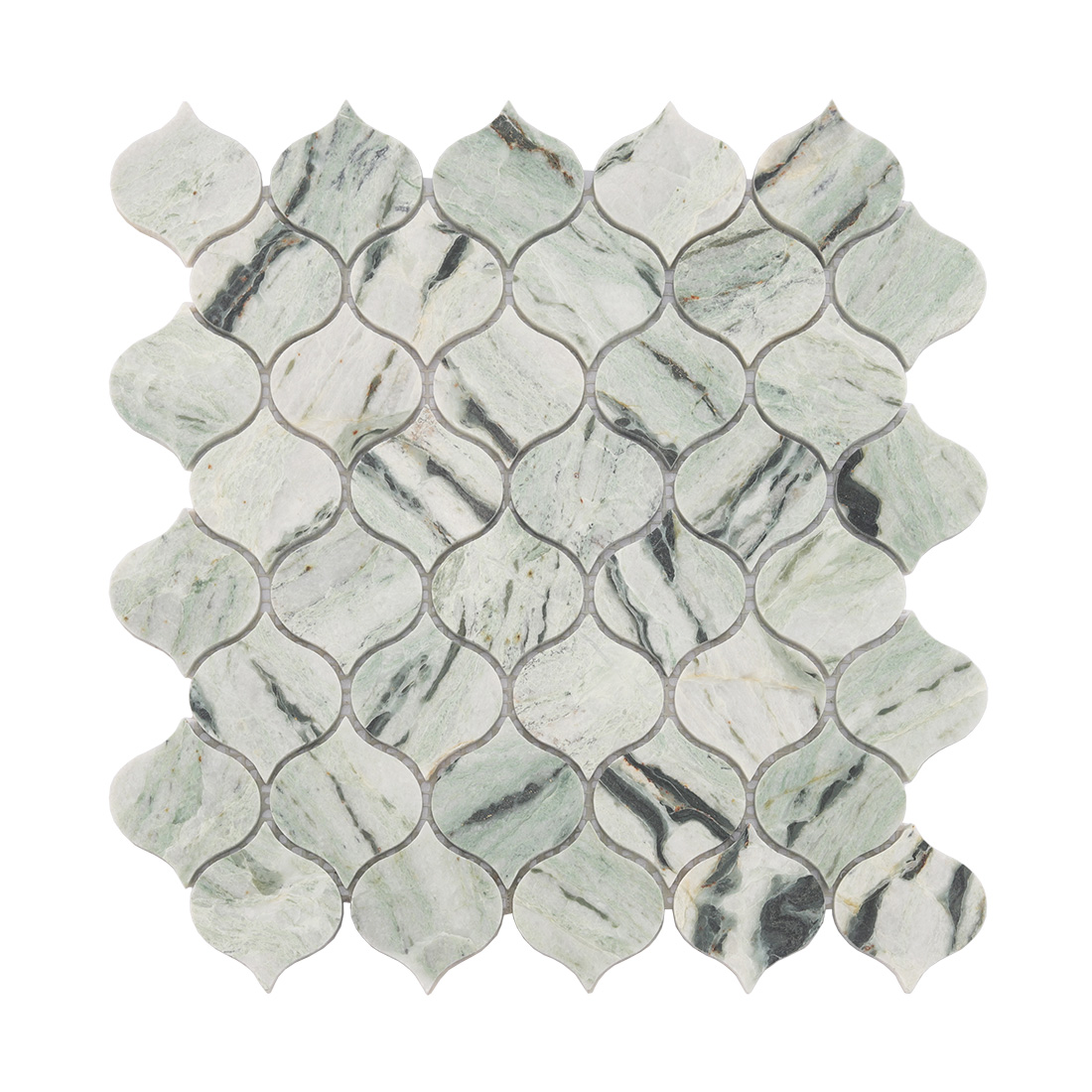 Front view of light green lantern marble mosaic tile with natural dark veins