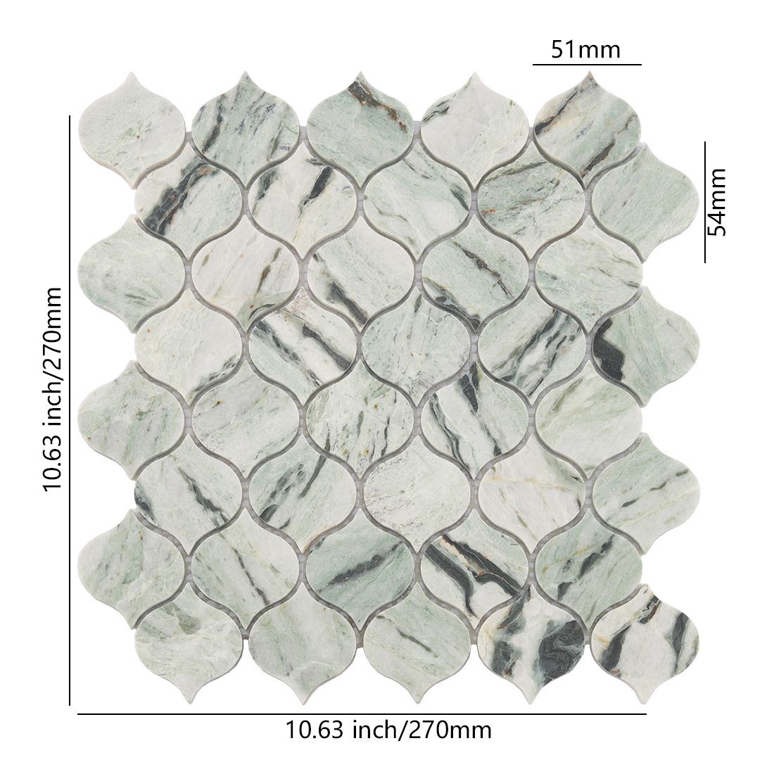 Light green lantern marble mosaic tile with dark veining and size details