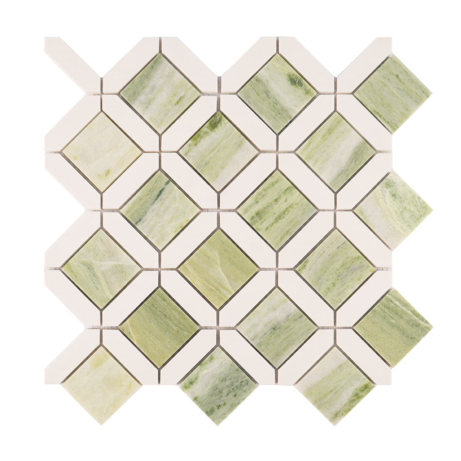 Full sheet of light green marble and white geometric mosaic tile