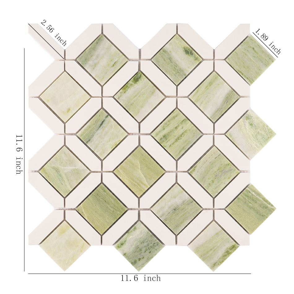 Light green marble and white geometric mosaic tile sheet with size details