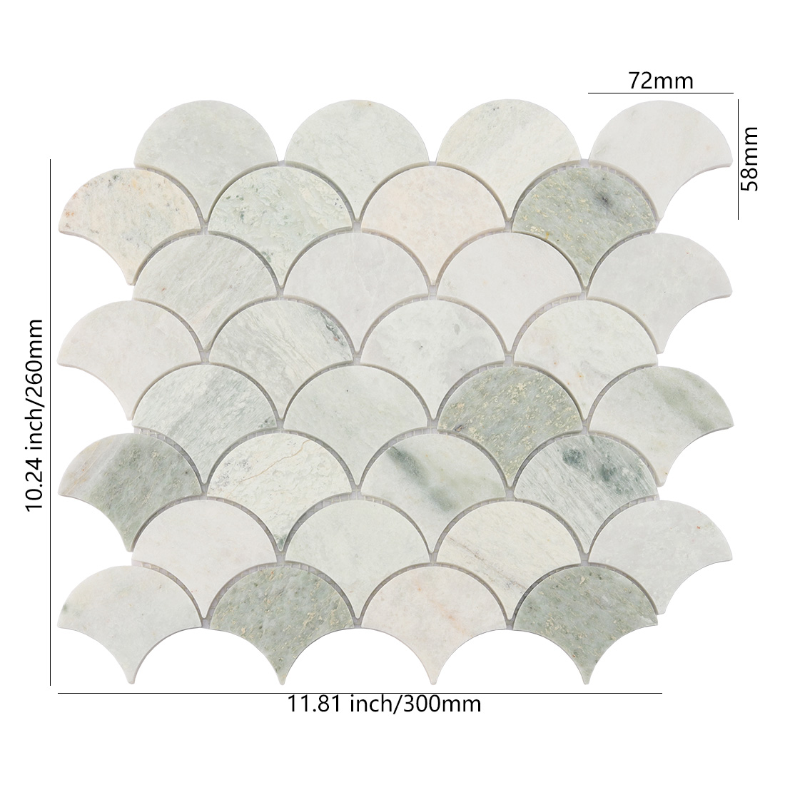 Light green marble fan mosaic tile with dimensions.