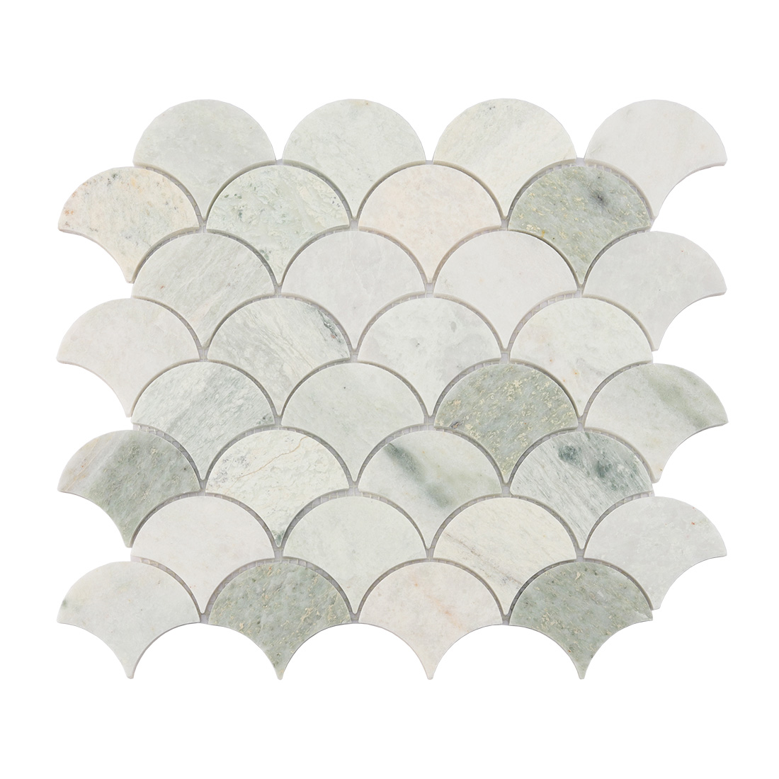 Front view of light green marble fan mosaic tile.
