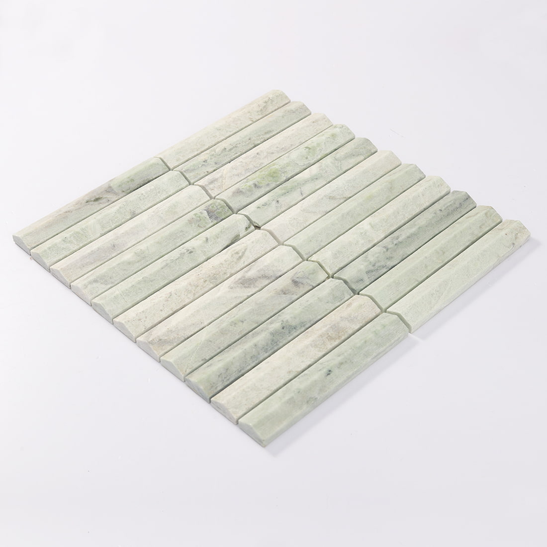 Perspective view of light green marble fluted mosaic tile sheet