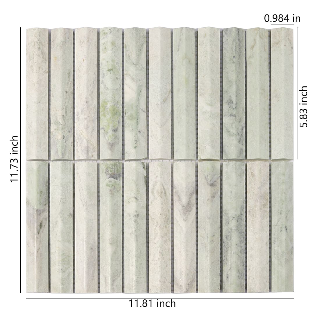 Light green marble fluted mosaic tile sheet with size details
