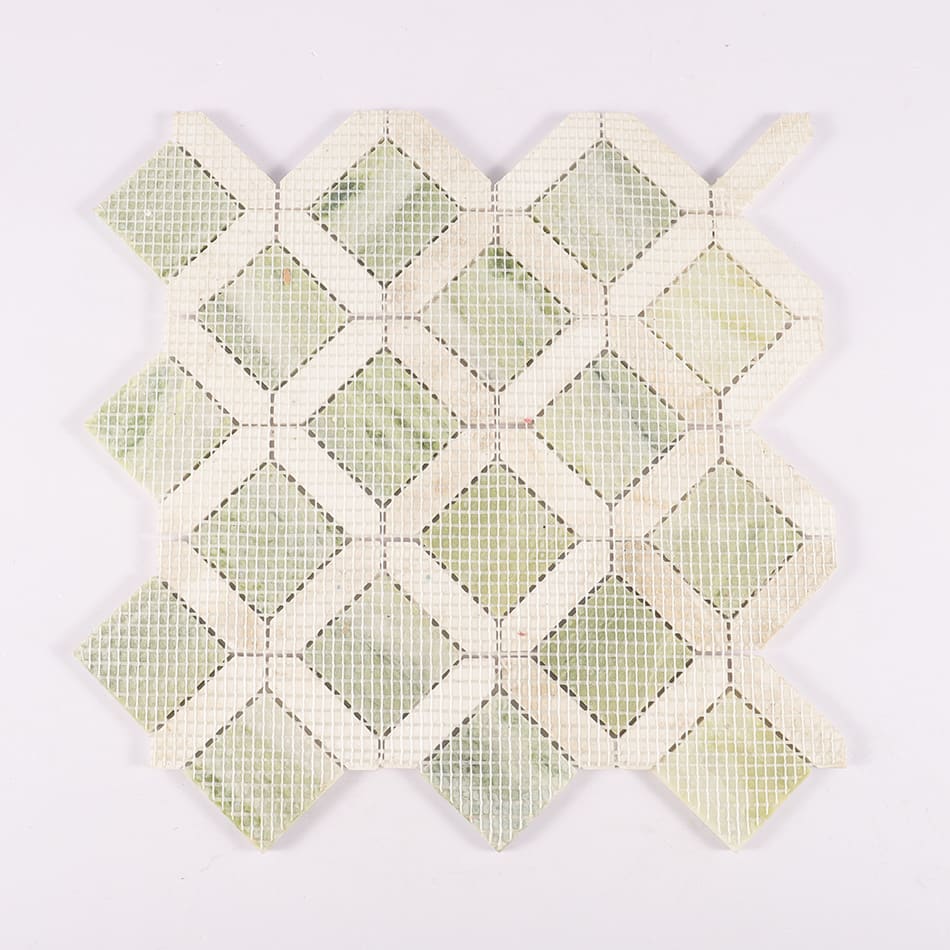 Back view of light green marble and white geometric mosaic tile mesh