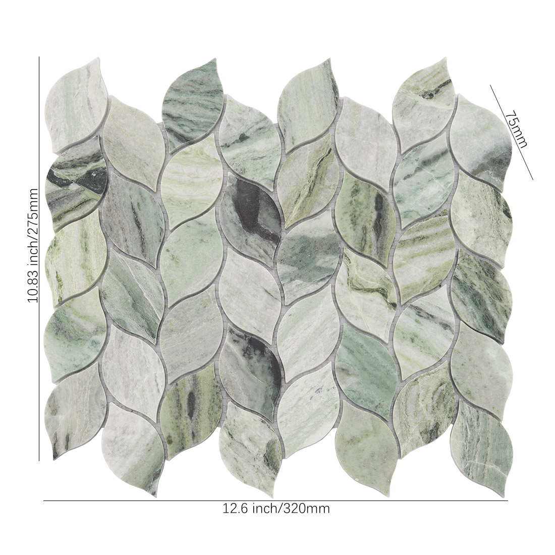 Light green marble leaf mosaic tile with dimensions.