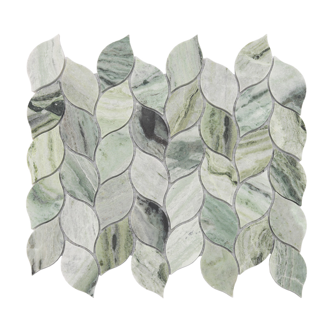 Front view of light green marble leaf mosaic tile.