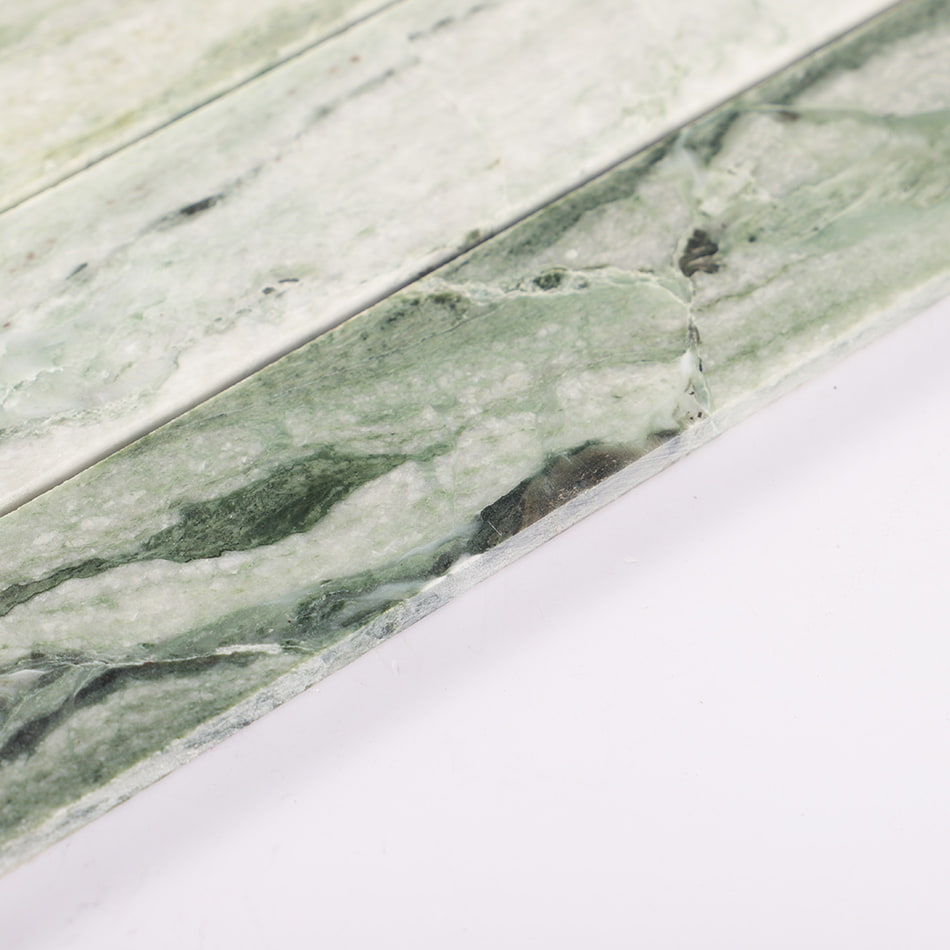 Edge detail of light green marble straight stack mosaic tile