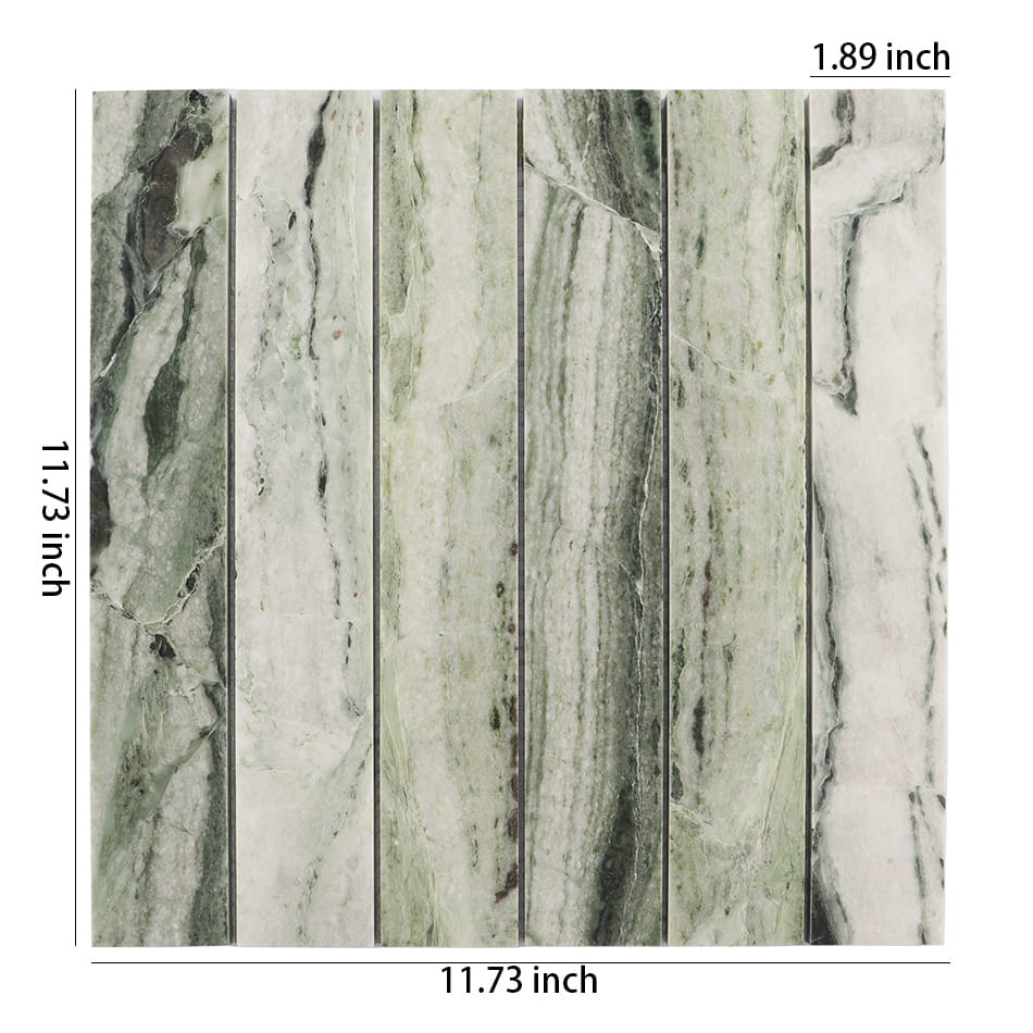 Light green marble straight stack mosaic tile sheet with size details