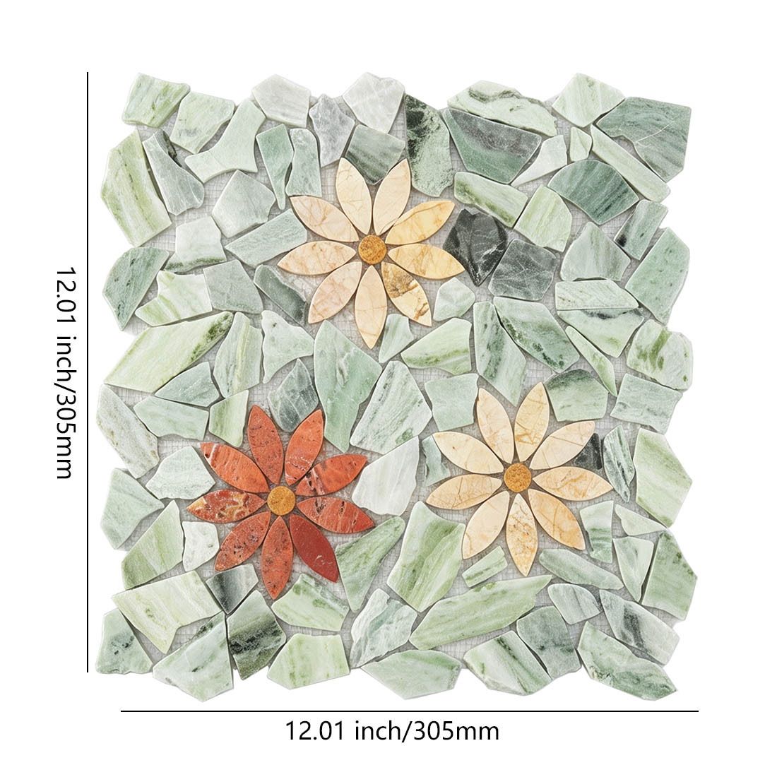 Light green multicolor floral marble mosaic sheet with size measurements