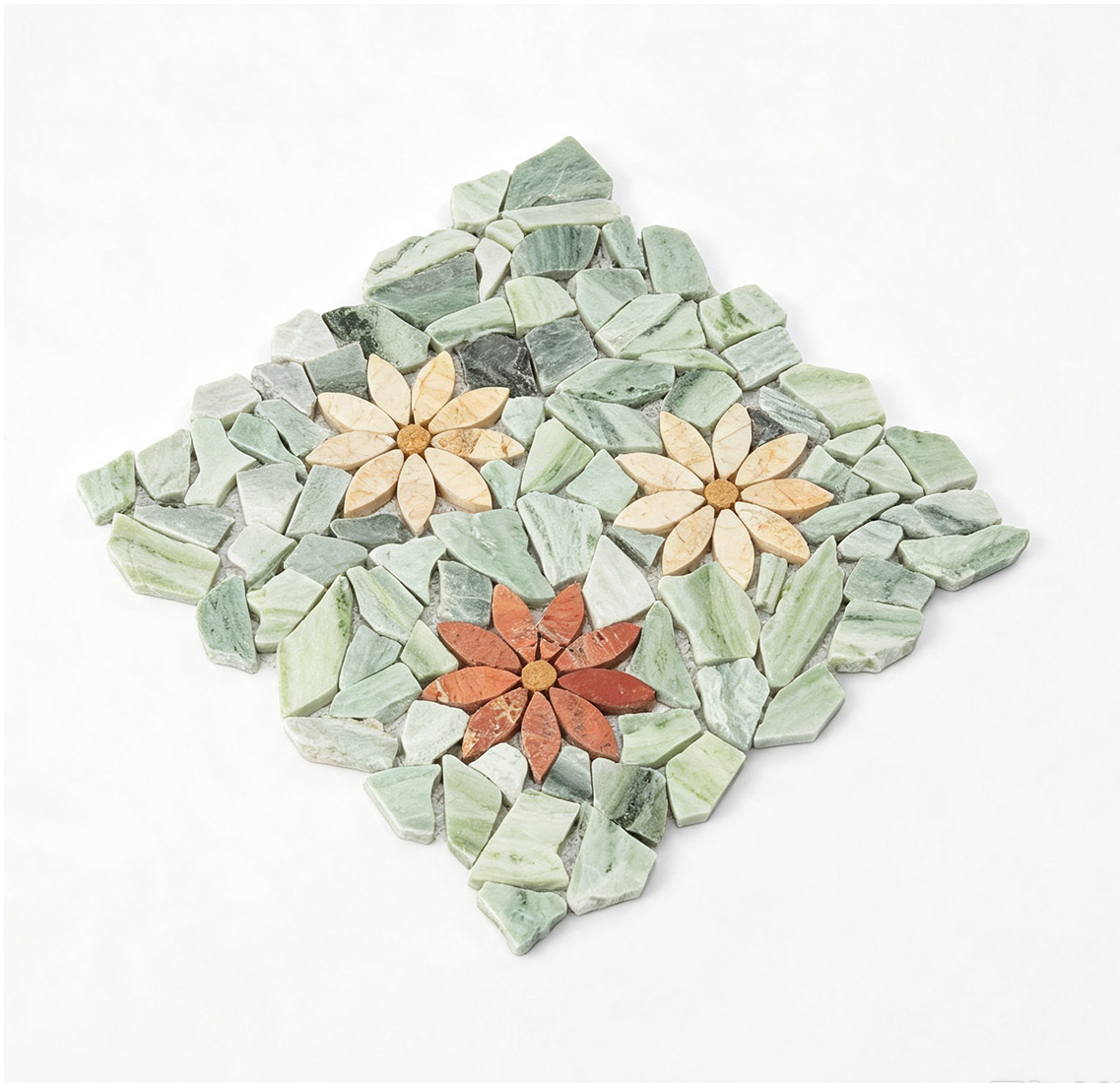 Angled display of light green multicolor floral marble mosaic