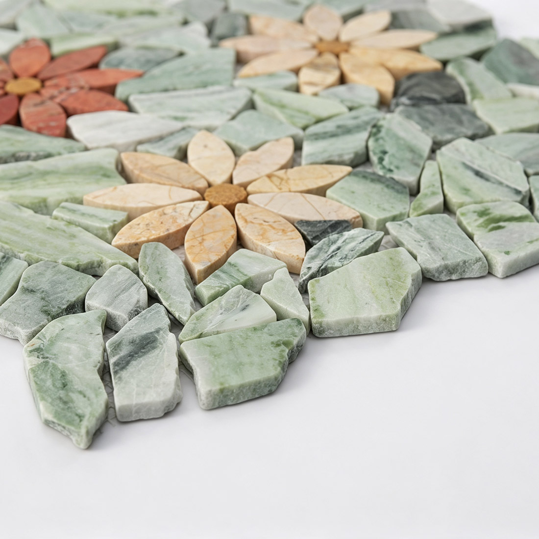 Side view of light green multicolor floral marble mosaic tiles