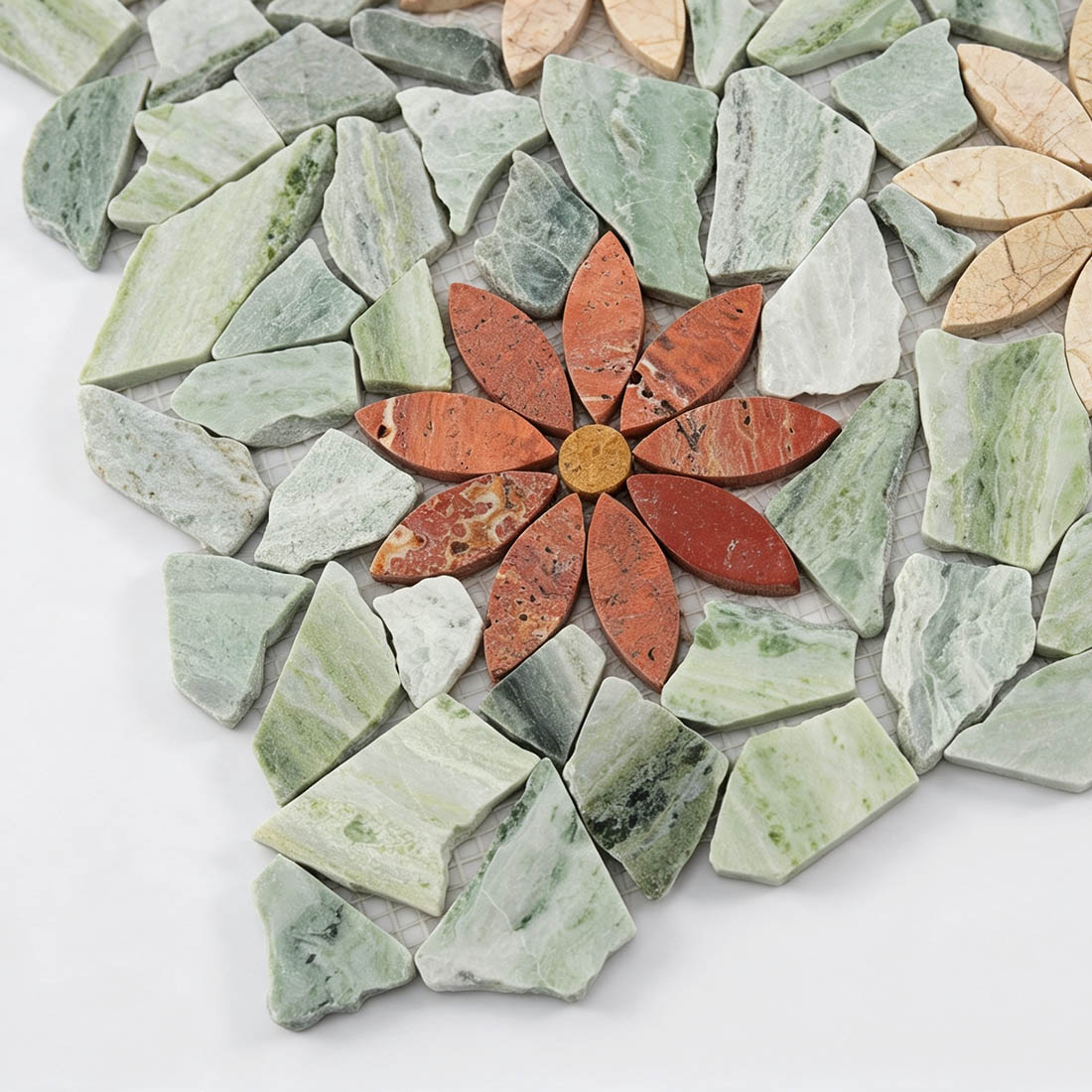Red floral detail in light green multicolor marble mosaic