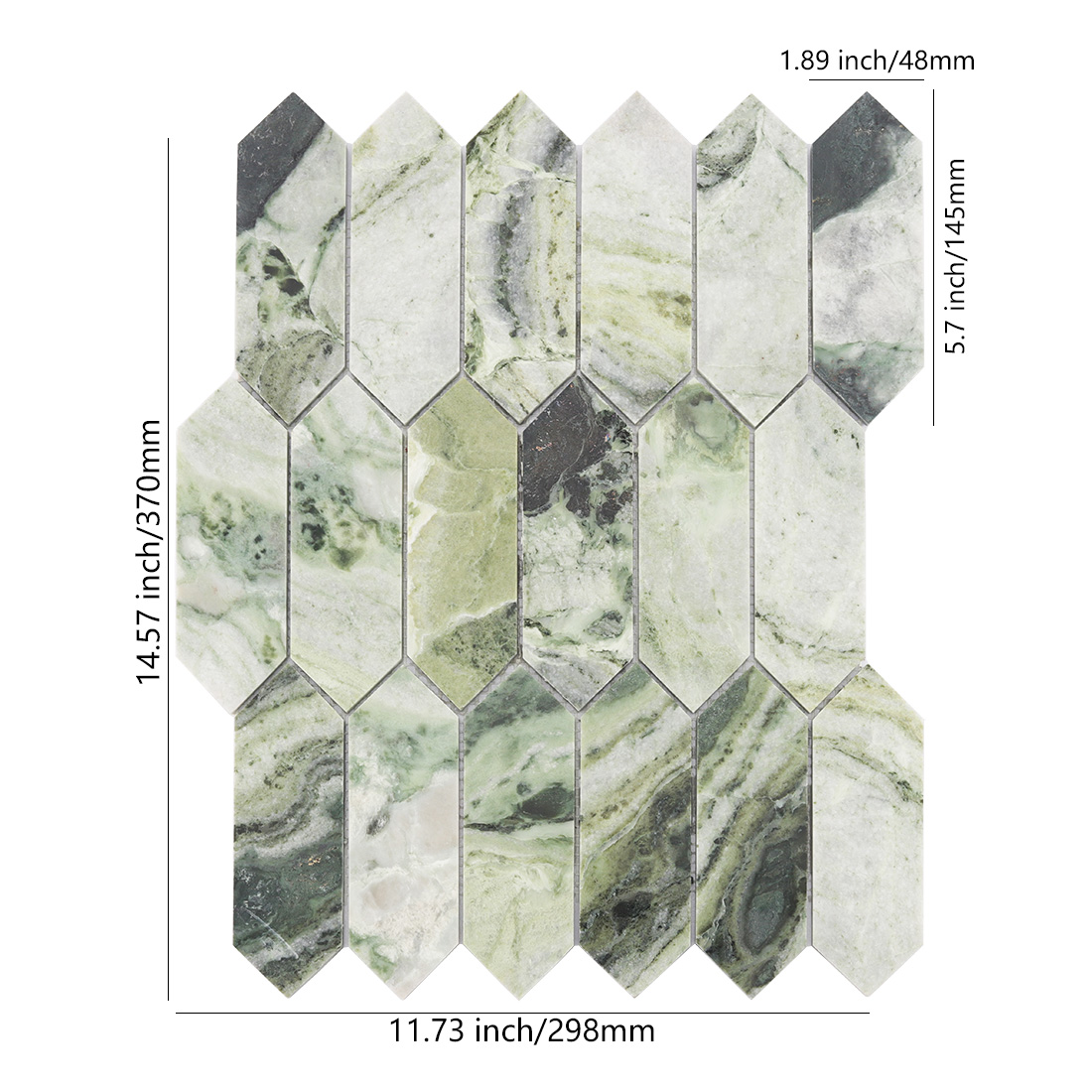 Light green picket marble mosaic tile with natural dark veining