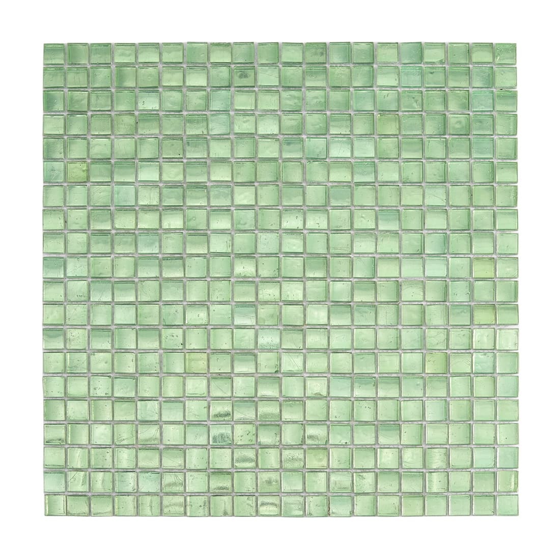 Full sheet of light green square glass mosaic tile on a light background