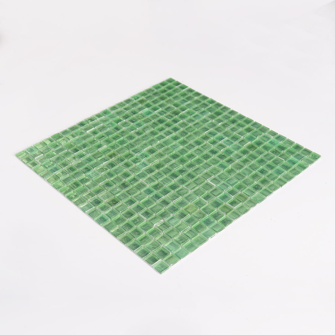Perspective view of light green square glass mosaic tile sheet
