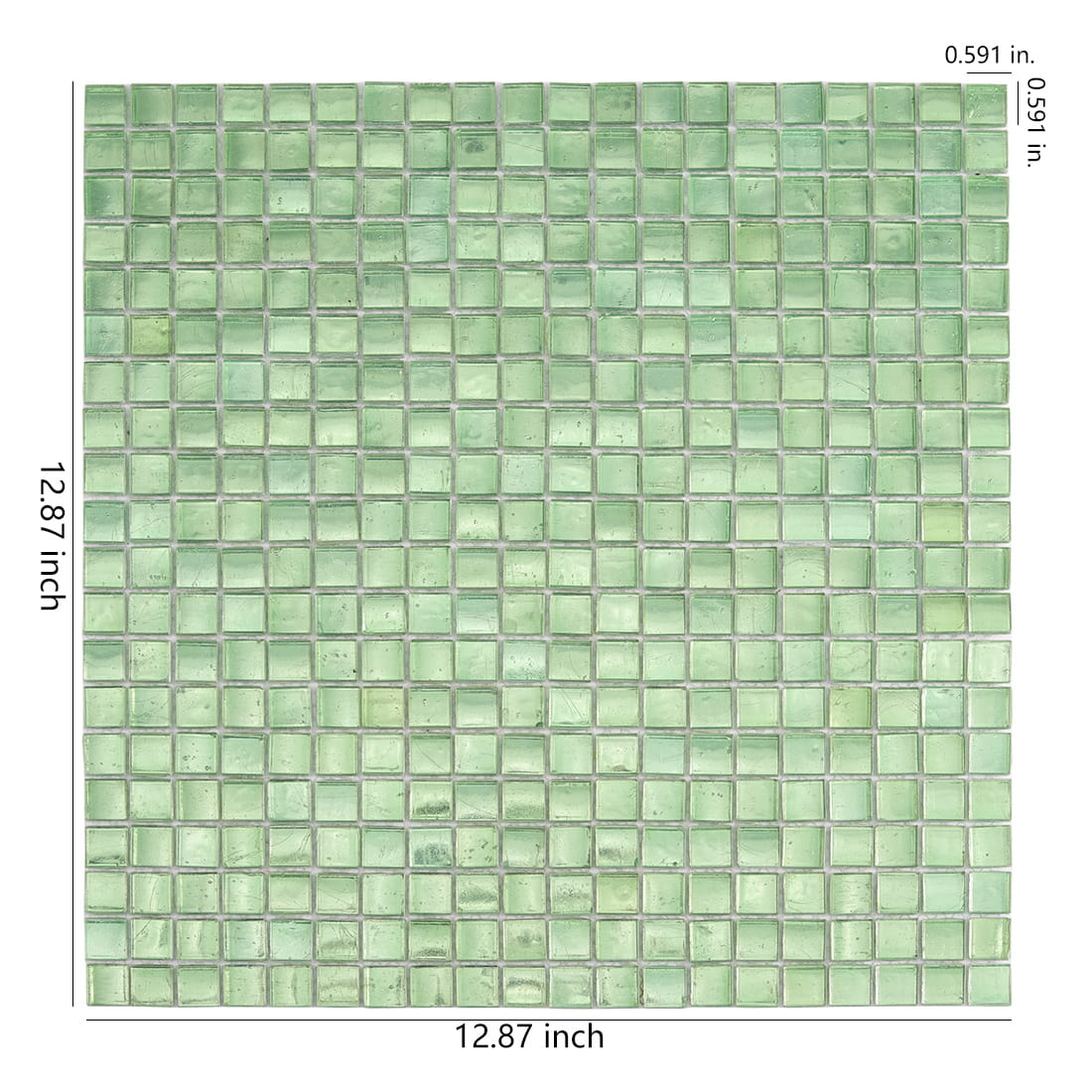 Light green square glass mosaic tile sheet with size details