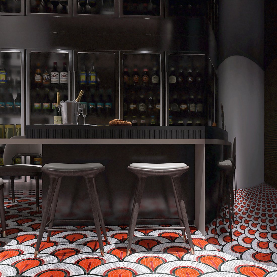 Luxury bar interior with handmade fan-pattern glass mosaic floor in red, black, and white tones.