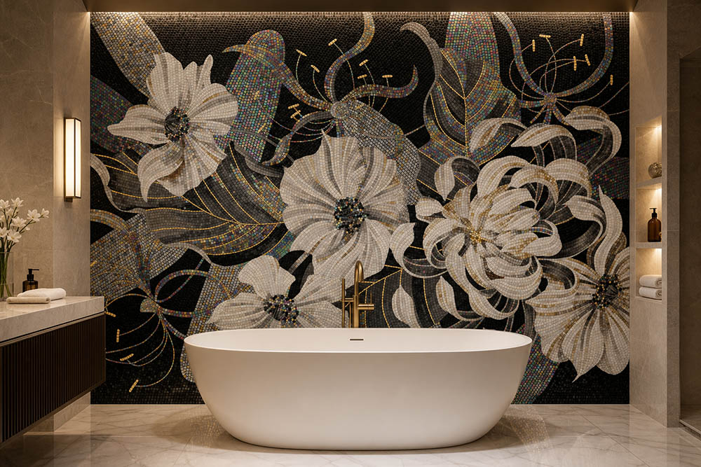 Luxury flower mosaic bathtub wall with black background and white floral design
