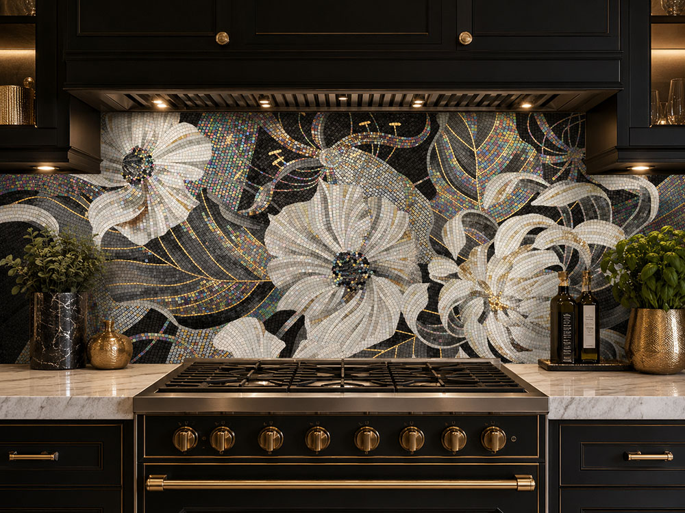 {"default":"Luxury flower mosaic tile kitchen backsplash with black cabinets"}
