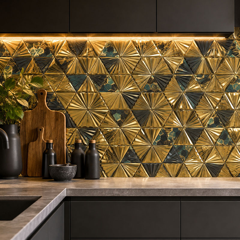Luxury gold and dark geometric mosaic tiles on a modern kitchen wall.