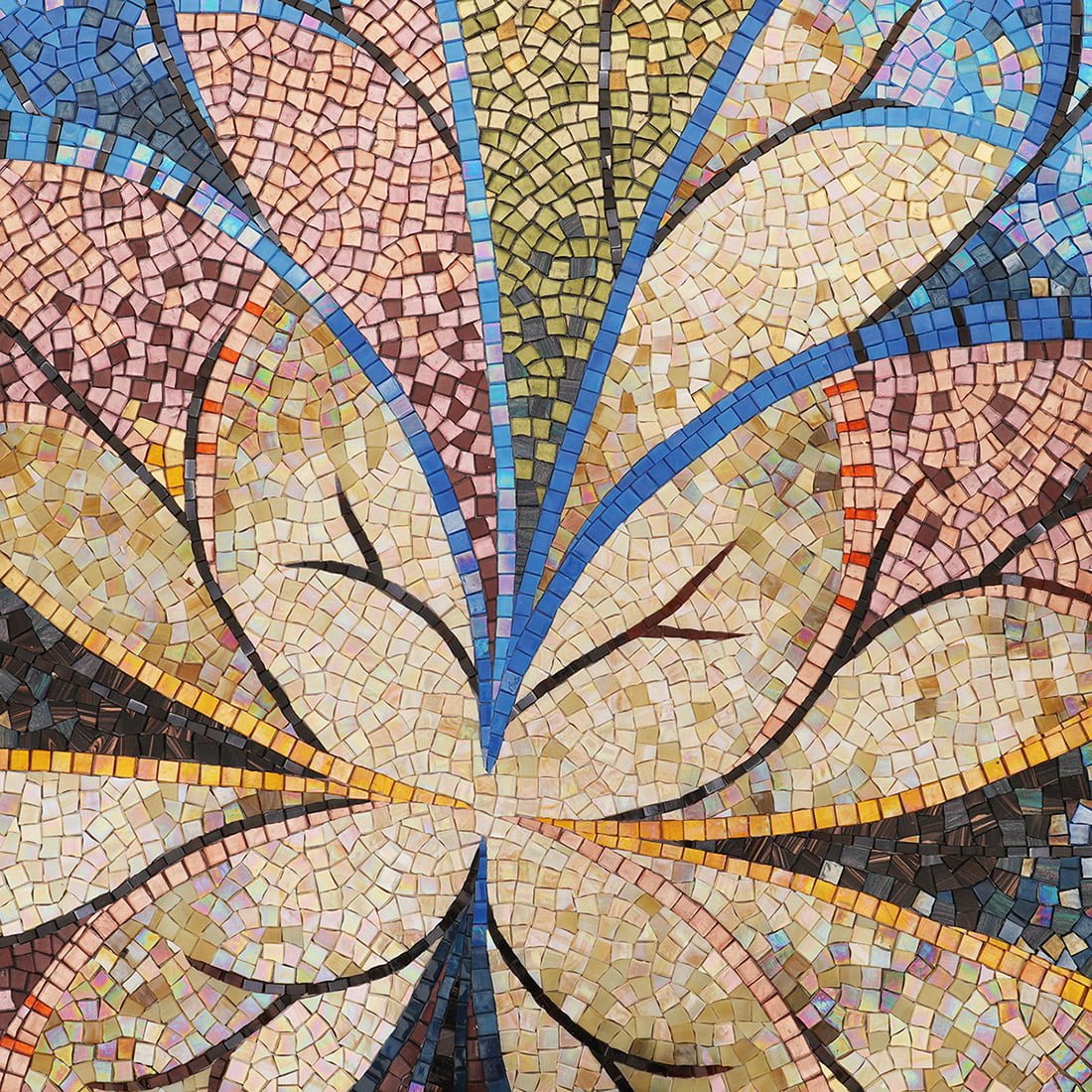 Luxury handmade mosaic wall art with soft floral pattern in beige, blue, and pink.