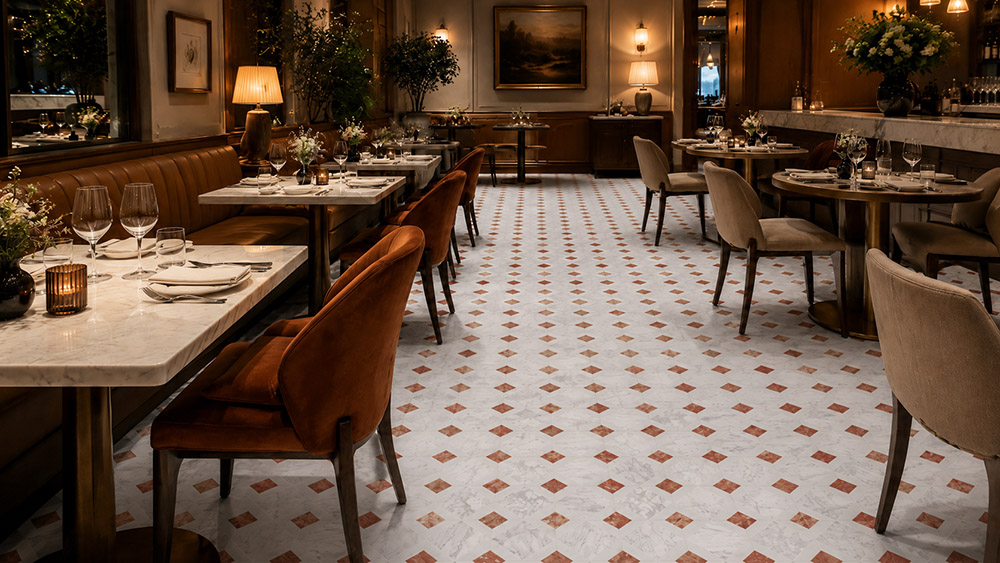 Luxury restaurant with white marble floor and copper diamond dot tile pattern