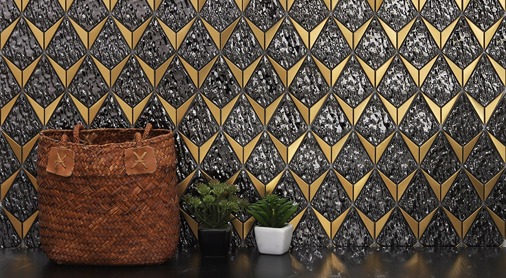 {"default":"Stainless steel tiles featuring luxury gold geometric accents for a modern wall."}
